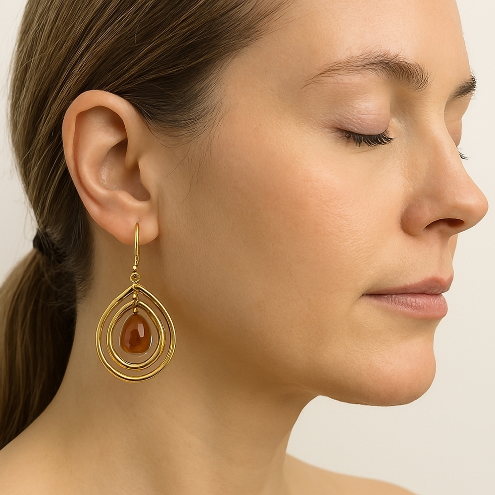 Croft & Barrow Polished Gold tone Double Hoops, Brown Fishhook Drop Earrings 1.5